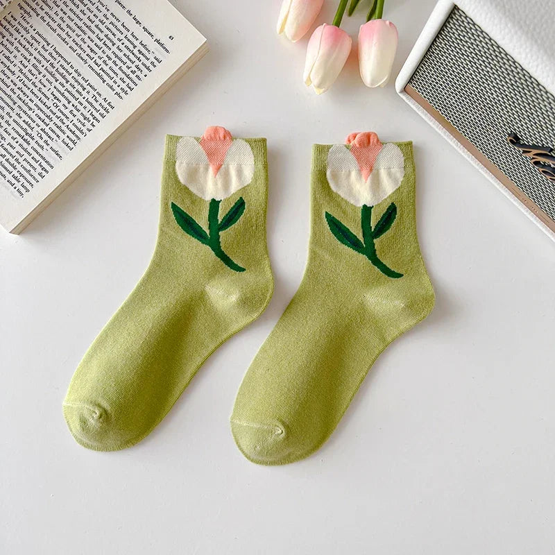 Soft cotton blend women's mid-calf floral socks. 5-pair set, comfortable, breathable, and stylish patterns.