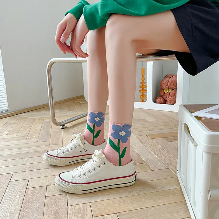 Women's mid-calf floral print socks, 5-pair comfortable cotton blend set. Stylish everyday wear.