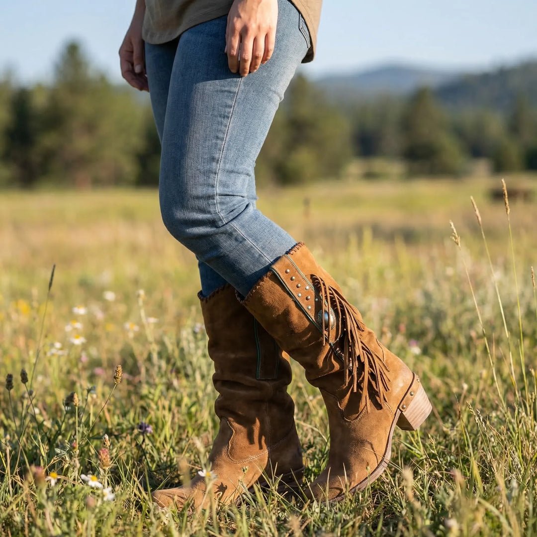 Women's mid-calf fringe western boots for boho style with comfortable block heels.