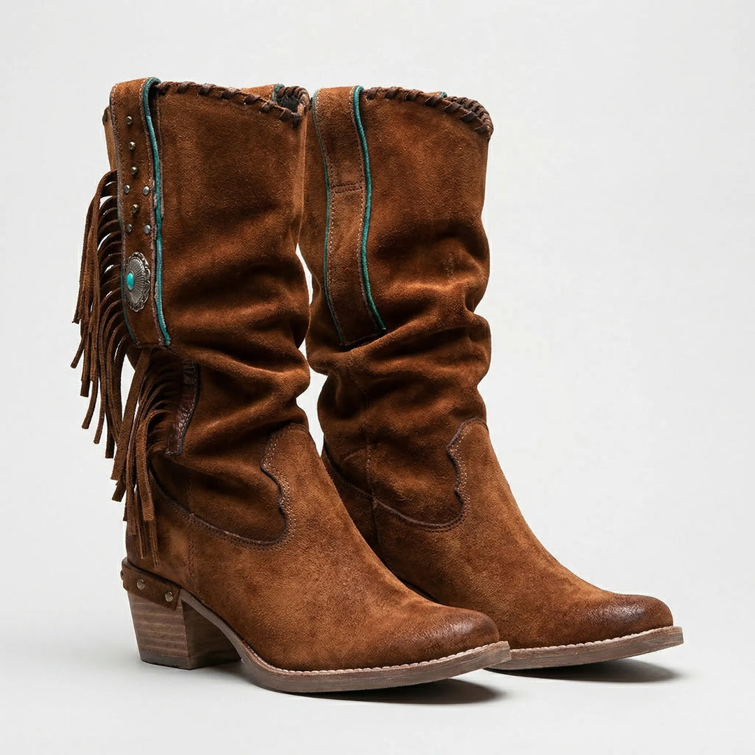 Elegant women's fringe western boots, mid-calf height, designed for comfort & boho flair.