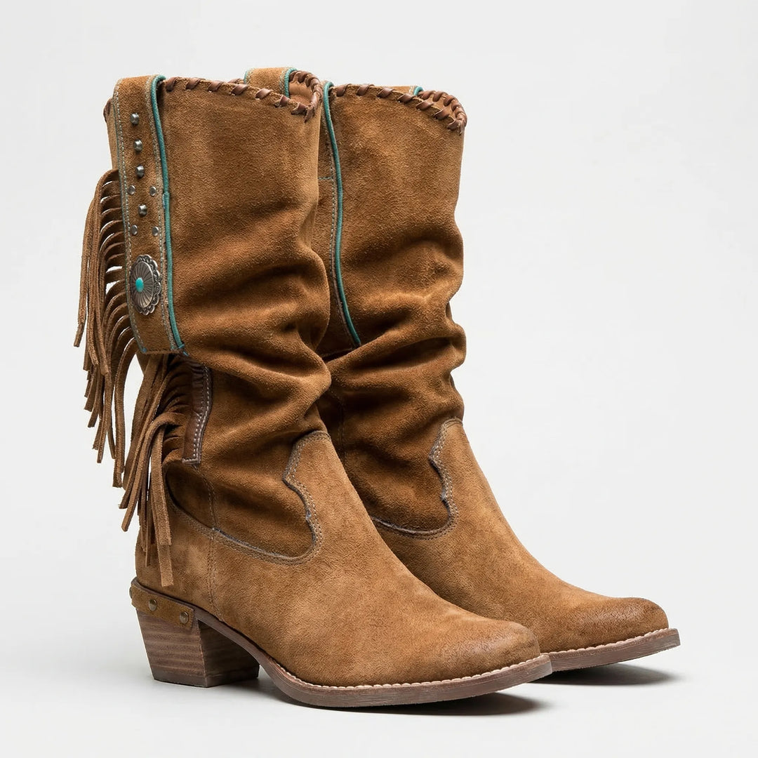 Stylish cowgirl boots: mid-calf, fringe detailing, comfortable block heel for women.