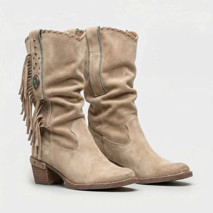 Fashionable women's fringe boots, mid-calf western style, featuring a unique turquoise accent.