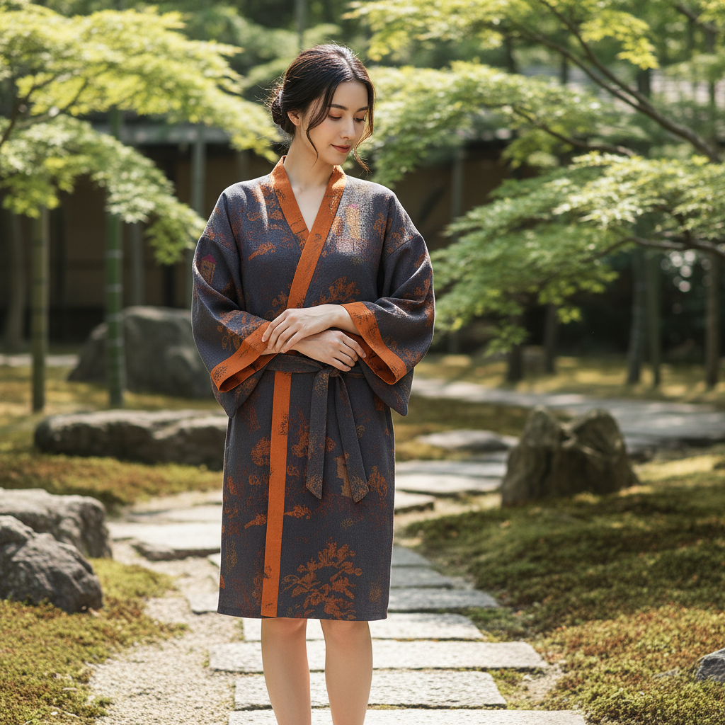 Women's mid-length cotton kimono robe, Luisa, in jacquard knit, ideal for breathable comfort loungewear.