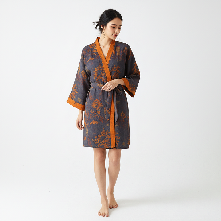Luisa women's cotton kimono robe, mid-length, with jacquard pattern, perfect for comfortable loungewear.