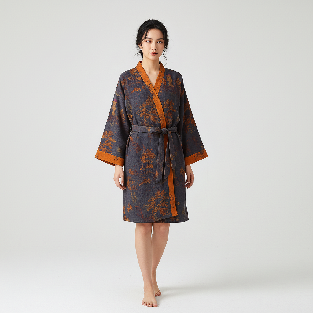 Women's mid-length robe, Luisa, in cotton jacquard, combining kimono style with breathable loungewear.