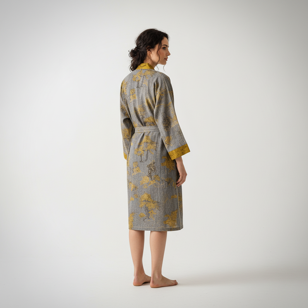 Luisa mid-length cotton kimono robe, women's loungewear with elegant jacquard for ultimate comfort.