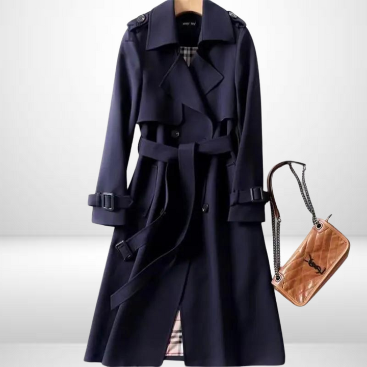 Versatile women's mid-length insulated jacket. Chic padded trench coat for comfortable everyday fall & winter fashion.
