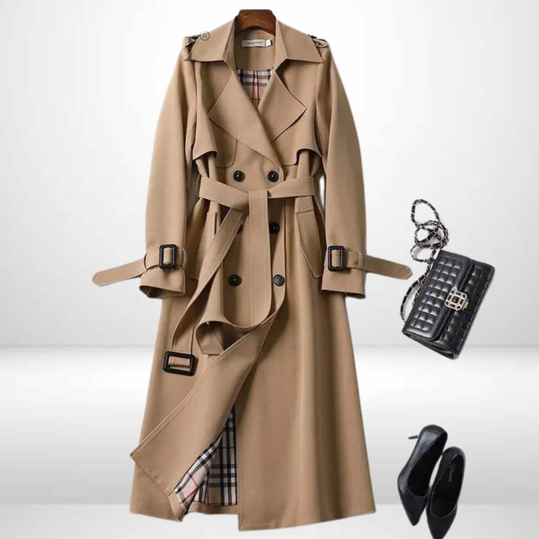 Casual women's mid-length insulated winter jacket, a comfortable padded trench coat for everyday style.