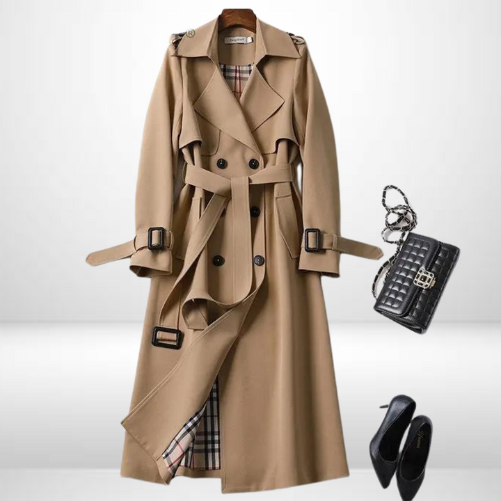 Casual women's mid-length insulated winter jacket, a comfortable padded trench coat for everyday style.