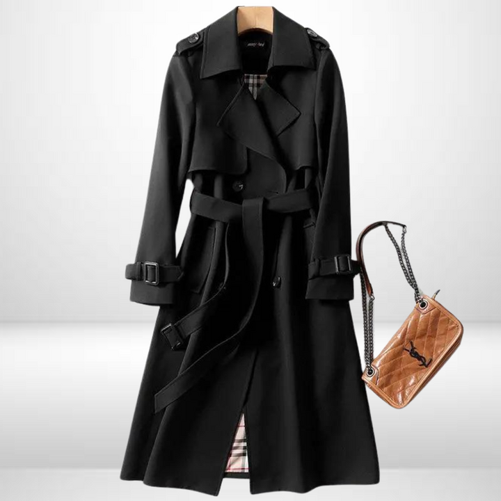 Chic women's mid-length insulated trench coat. Padded for warmth, perfect everyday fall & winter outerwear.