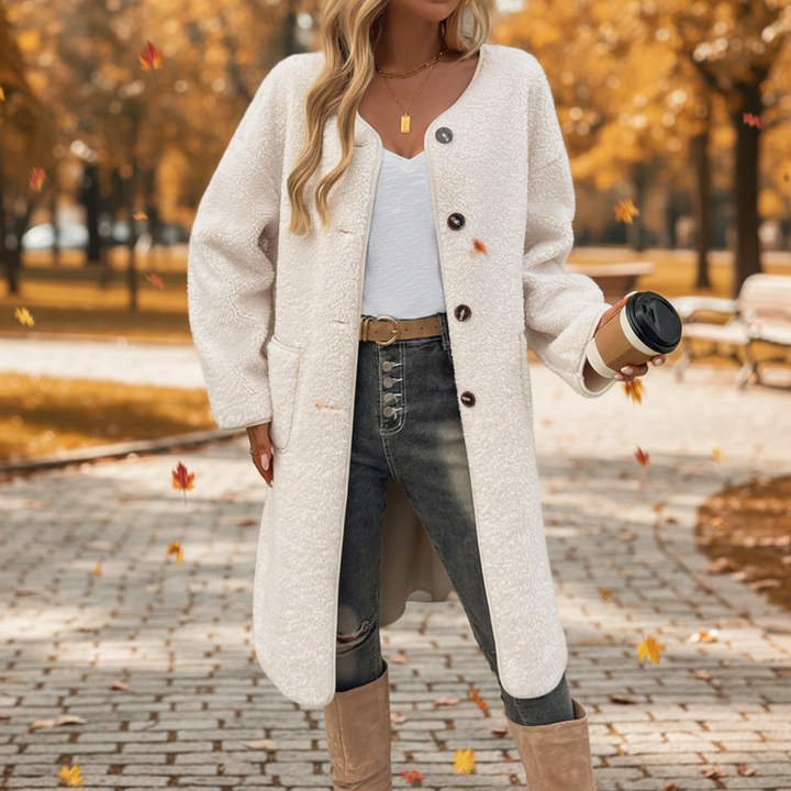 Women's Mid-Length Plush Fleece Coat in beige, button front, cozy winter outerwear