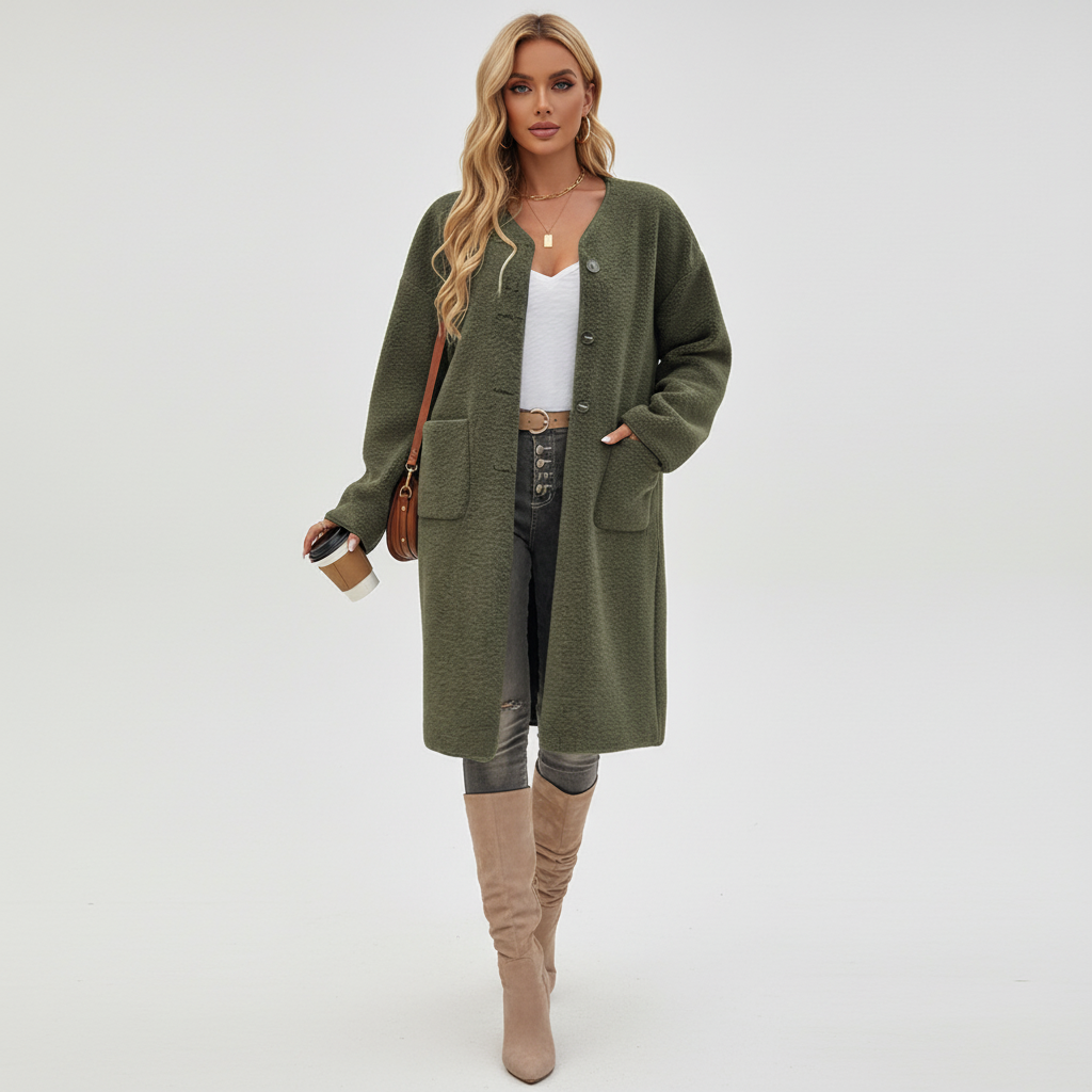 Stylish women's fleece jacket, button-front mid-length design for daily wear