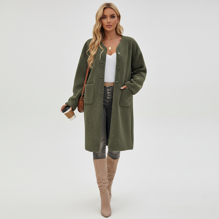 Stylish women's fleece jacket, button-front mid-length design for daily wear