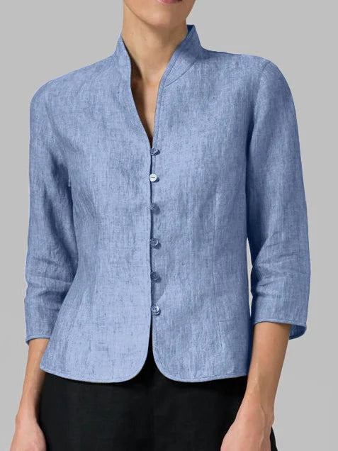 Women's minimalist 3/4 sleeve button front blouse, perfect for casual chic or office wear.