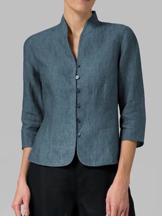 Relaxed fit women's 3/4 sleeve blouse with button front, a versatile modern top for work or everyday.