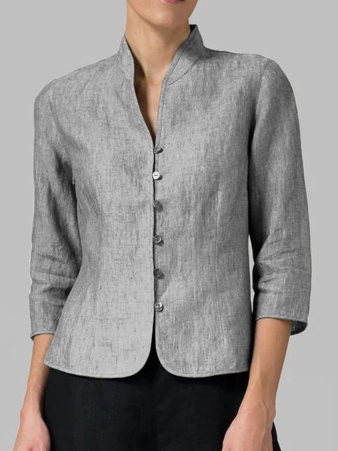 Stylish women's 3/4 sleeve button front blouse, a modern spring/summer top for a minimalist look.