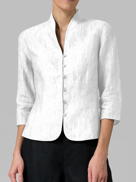 Women's button front 3/4 sleeve blouse for a minimalist style, ideal for work or casual outings.