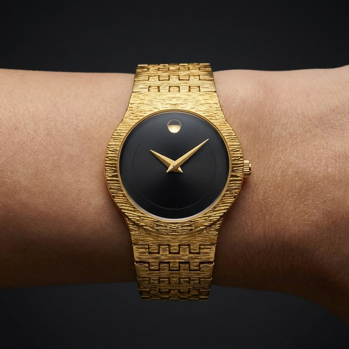 Women's minimalist Seraphine watch with elegant gold casing & black dial, lightweight comfort for timeless style.