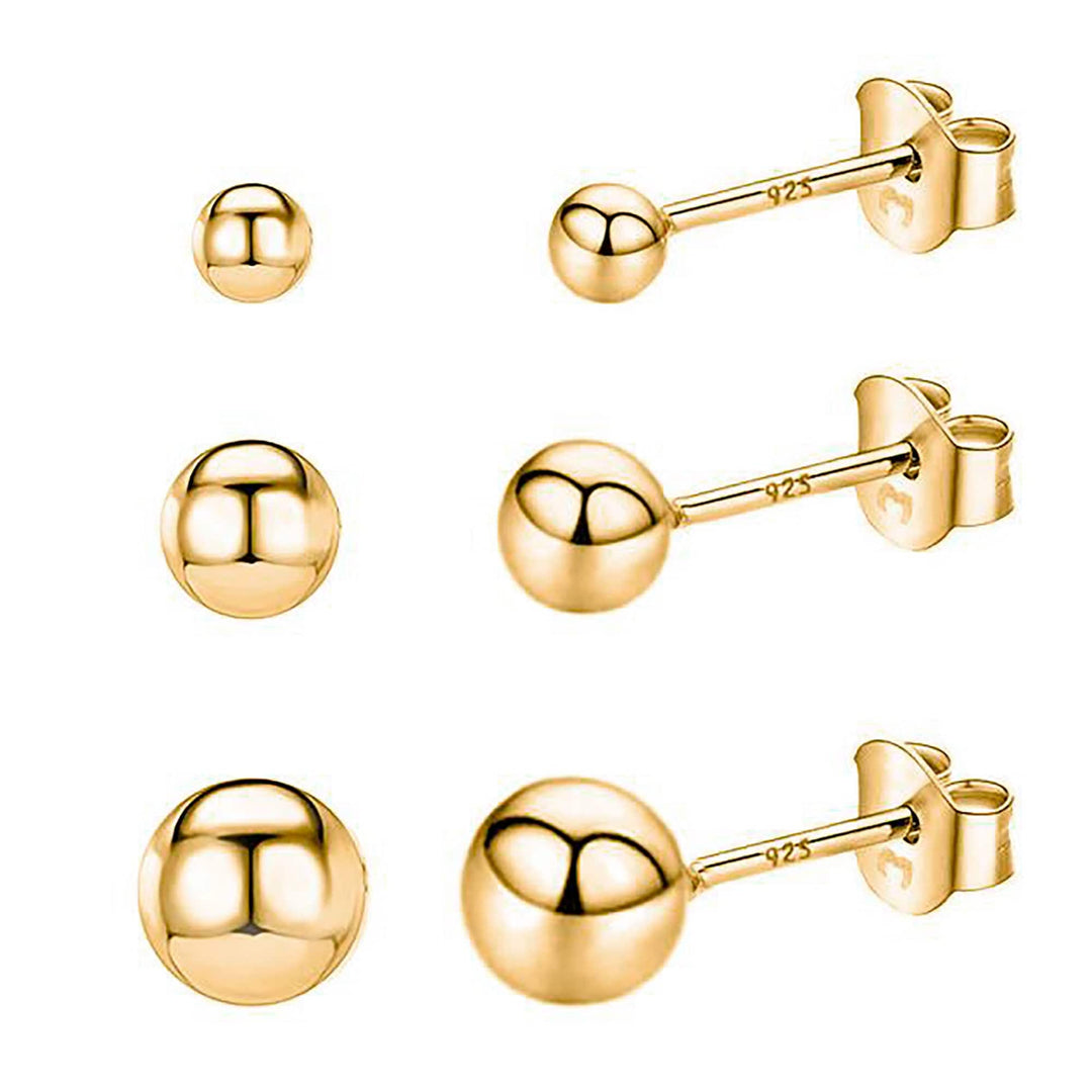 Polished sterling silver minimalist stud earrings for women. 18K gold plating, delicate everyday look.