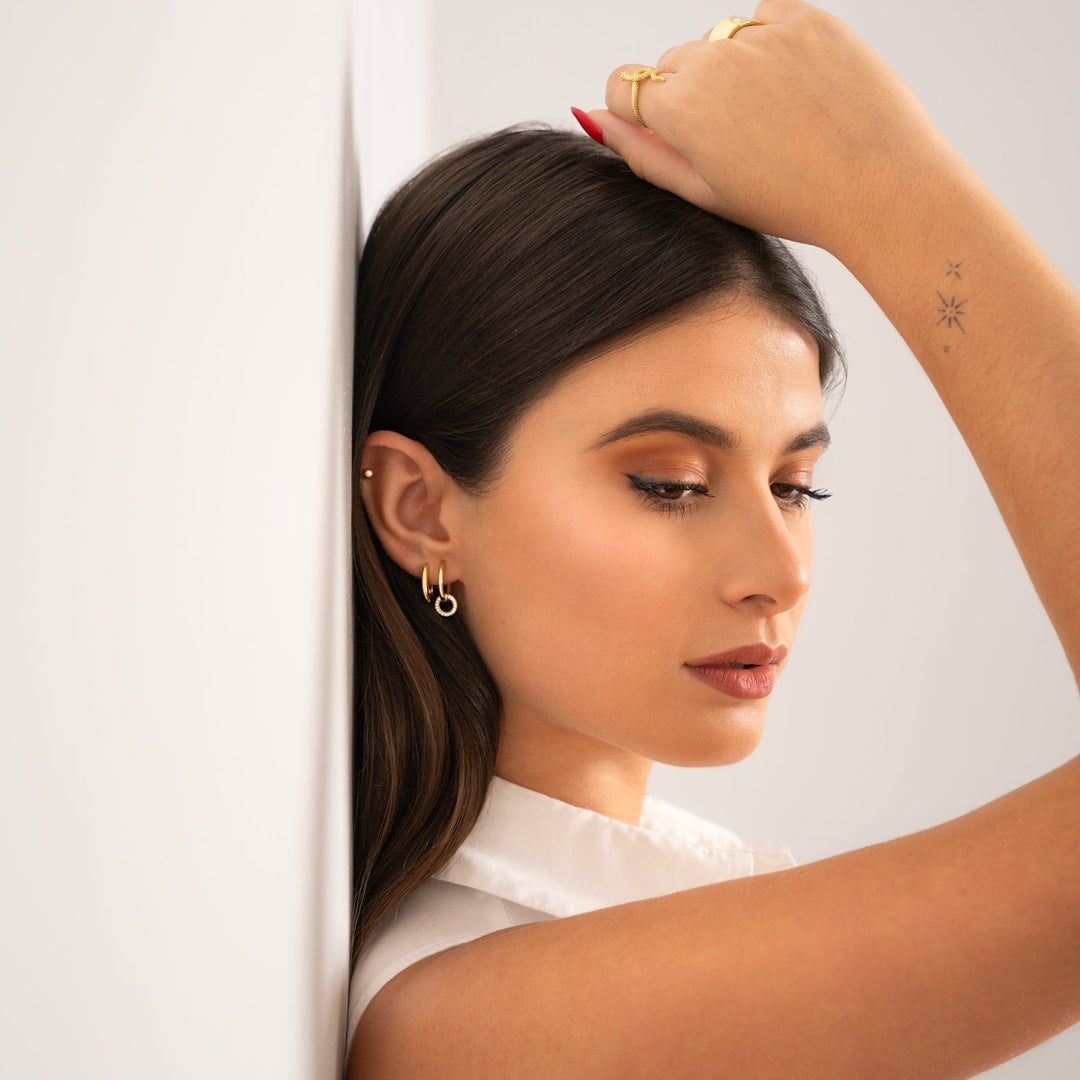 Versatile everyday stud earrings for women, sterling silver base, 18K gold plated finish.