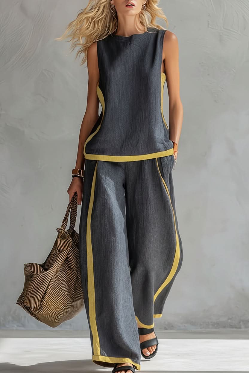 Chic women's minimalist two-piece set, ideal for comfortable commutes & versatile casual office style.