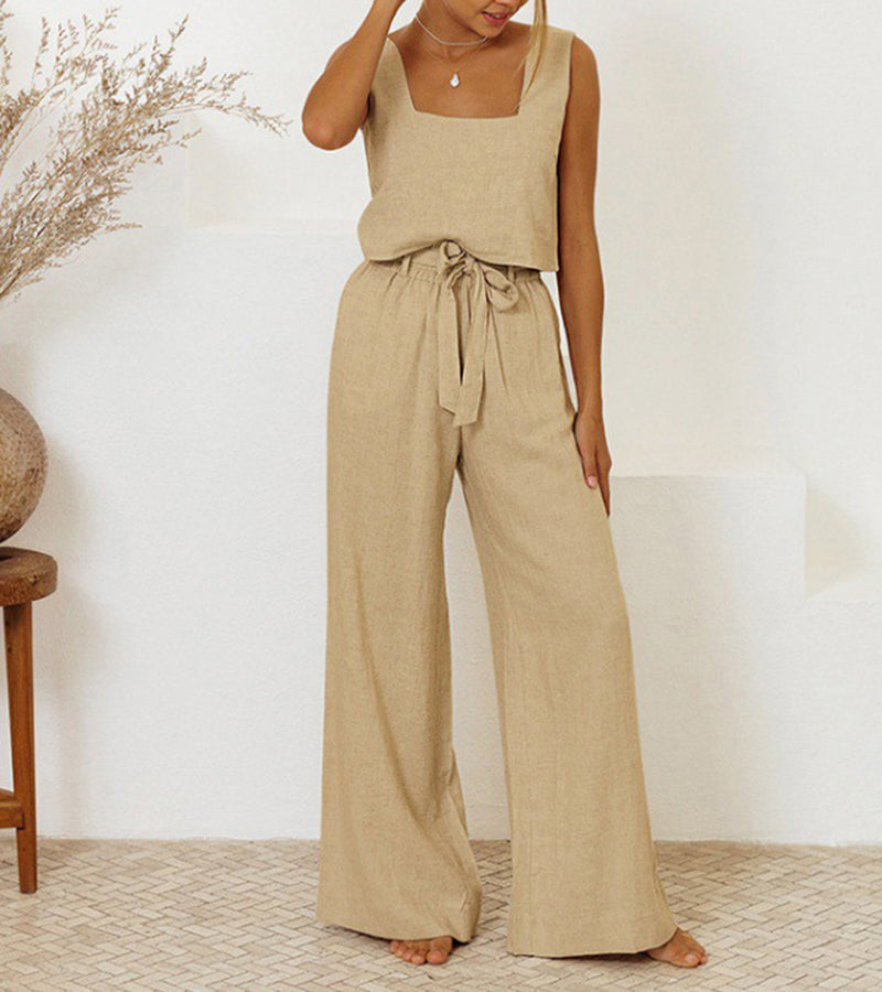 Women's minimalist two-piece set with a square neck top and comfortable wide-leg pants. Casual chic outfit.