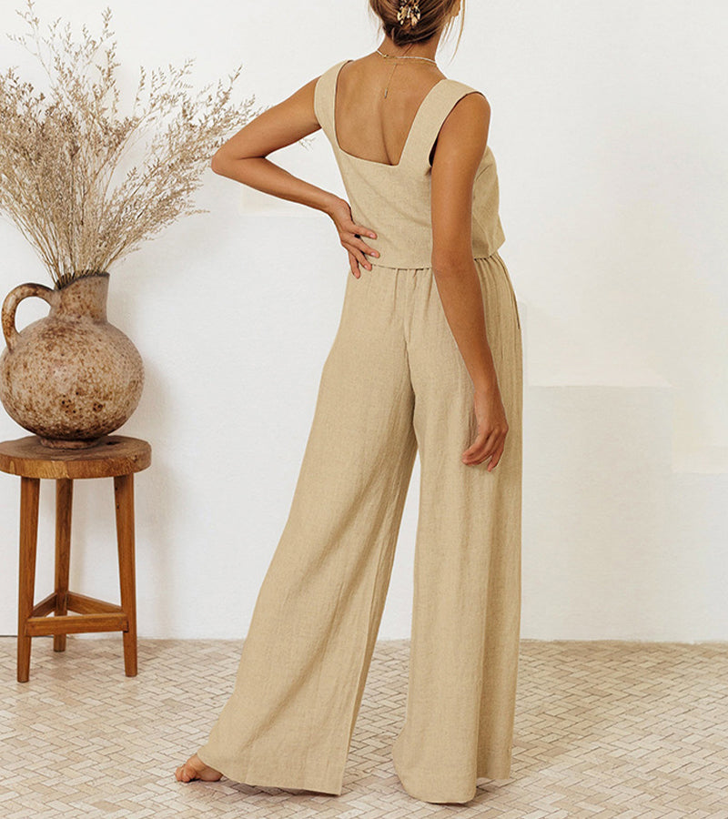 Versatile women's minimalist two-piece set with a chic square neck top and flowy wide-leg pants. Modern fashion.