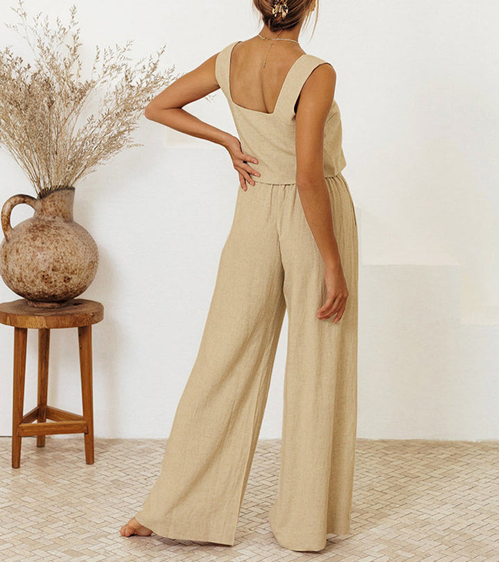 Versatile women's minimalist two-piece set with a chic square neck top and flowy wide-leg pants. Modern fashion.
