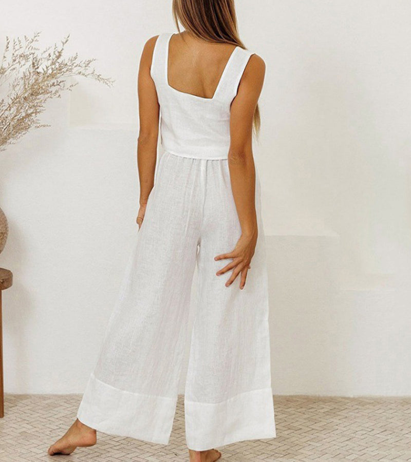 Complete women's minimalist co-ord set: a comfortable square neck top & elegant wide-leg pants for effortless style.