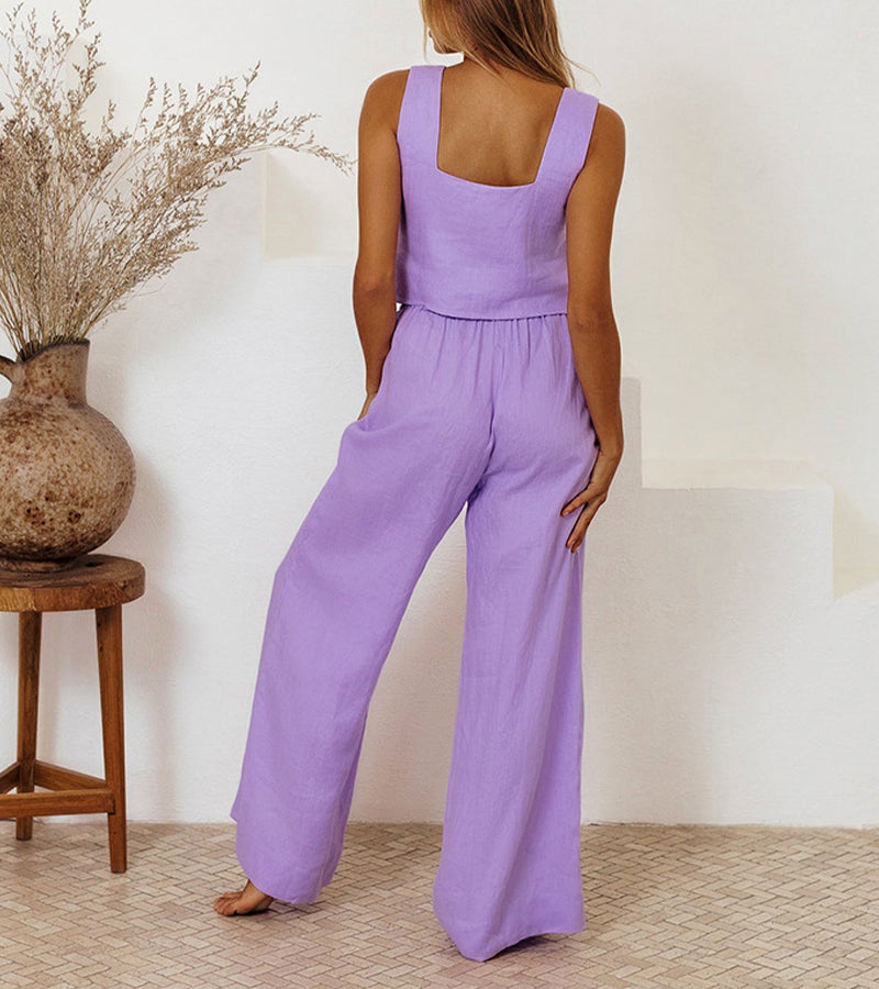 Women's elegant minimalist two-piece set with a flattering square neck top and relaxed wide-leg pants.