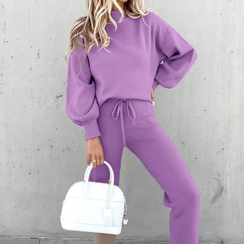 Women's mock neck drawstring two-piece set for comfortable loungewear. Perfect casual matching outfit.