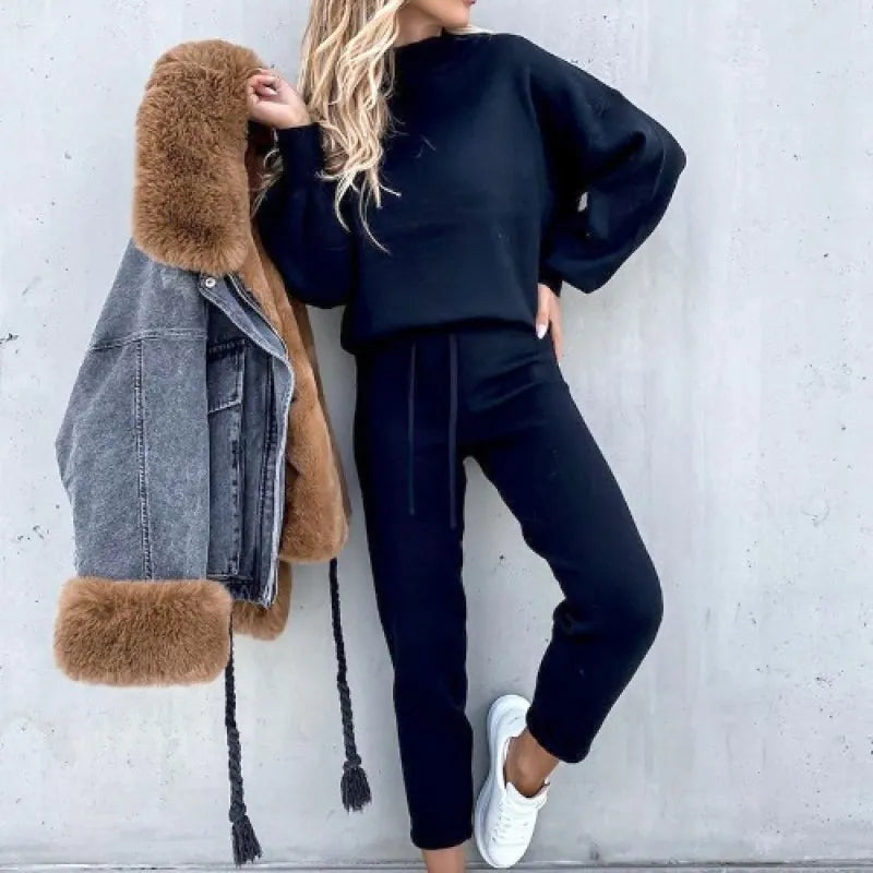Fall fashion women's two-piece set featuring mock neck top & comfortable drawstring trousers.