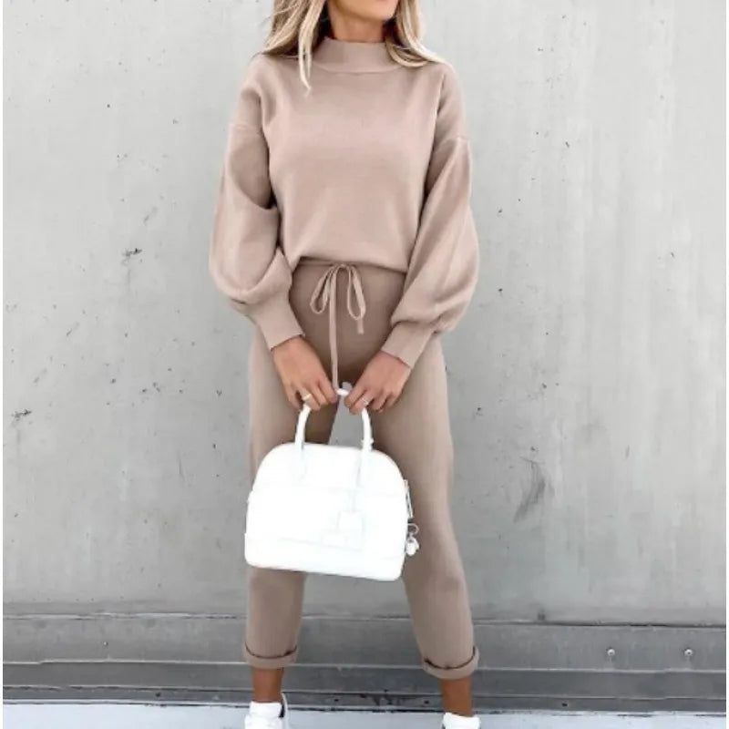 Relaxed women's mock neck and drawstring pant matching set. Comfortable for everyday casual wear.