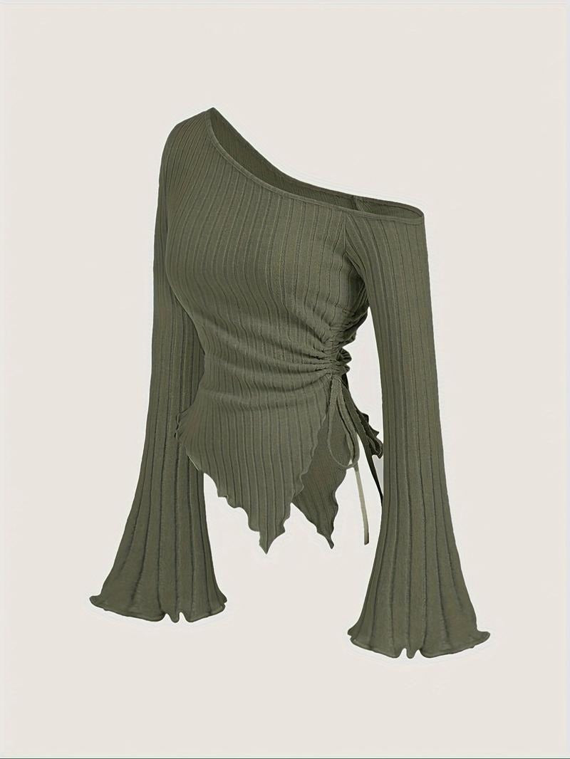 Stylish women's asymmetric one-shoulder top with a sculpted, flattering fit. Modern fashion design.