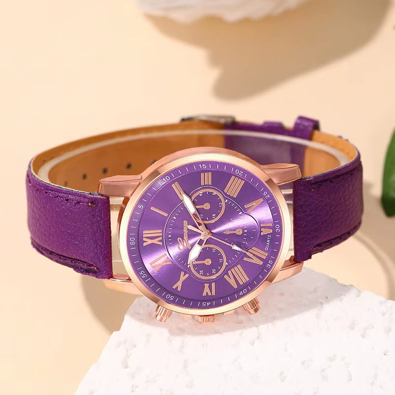 Vibrant women's modern chronograph watch with Roman numerals and a colorful dial.