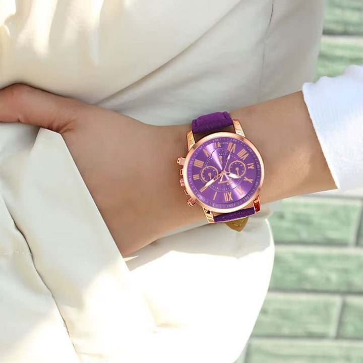 Fashionable women's chronograph watch; a vibrant, modern accessory with Roman numerals.