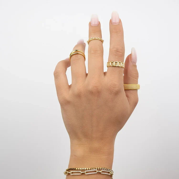 Women's modern double band ring in gold & silver. Minimalist, elegant, and stackable for everyday wear.
