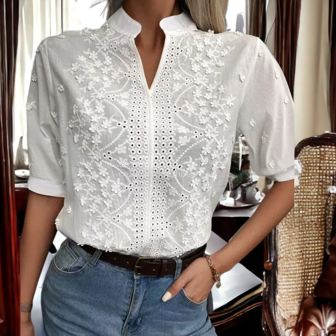 Women's modern stylish V-neck long sleeve blouse in Celeste. Elegant button-front shirt for casual chic wear.