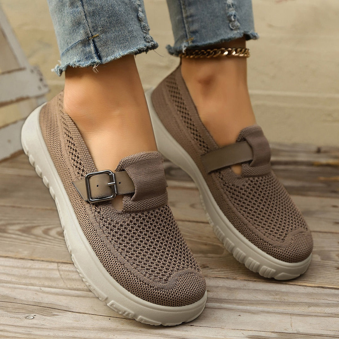 Stylish beige Monaco women's slip-on loafers, providing ergonomic support and casual elegance.