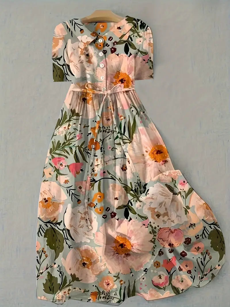 Women's multi-color floral cotton linen short sleeve summer dress. Comfortable & elegant casual spring style.