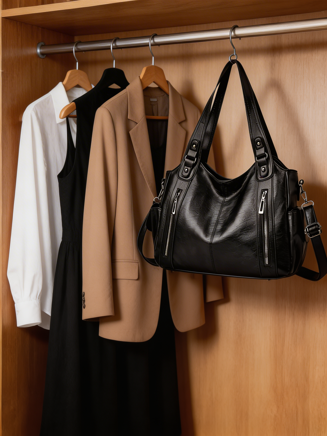 Women's multi-compartment shoulder bag for organized daily carry. Stylish and versatile handbag.