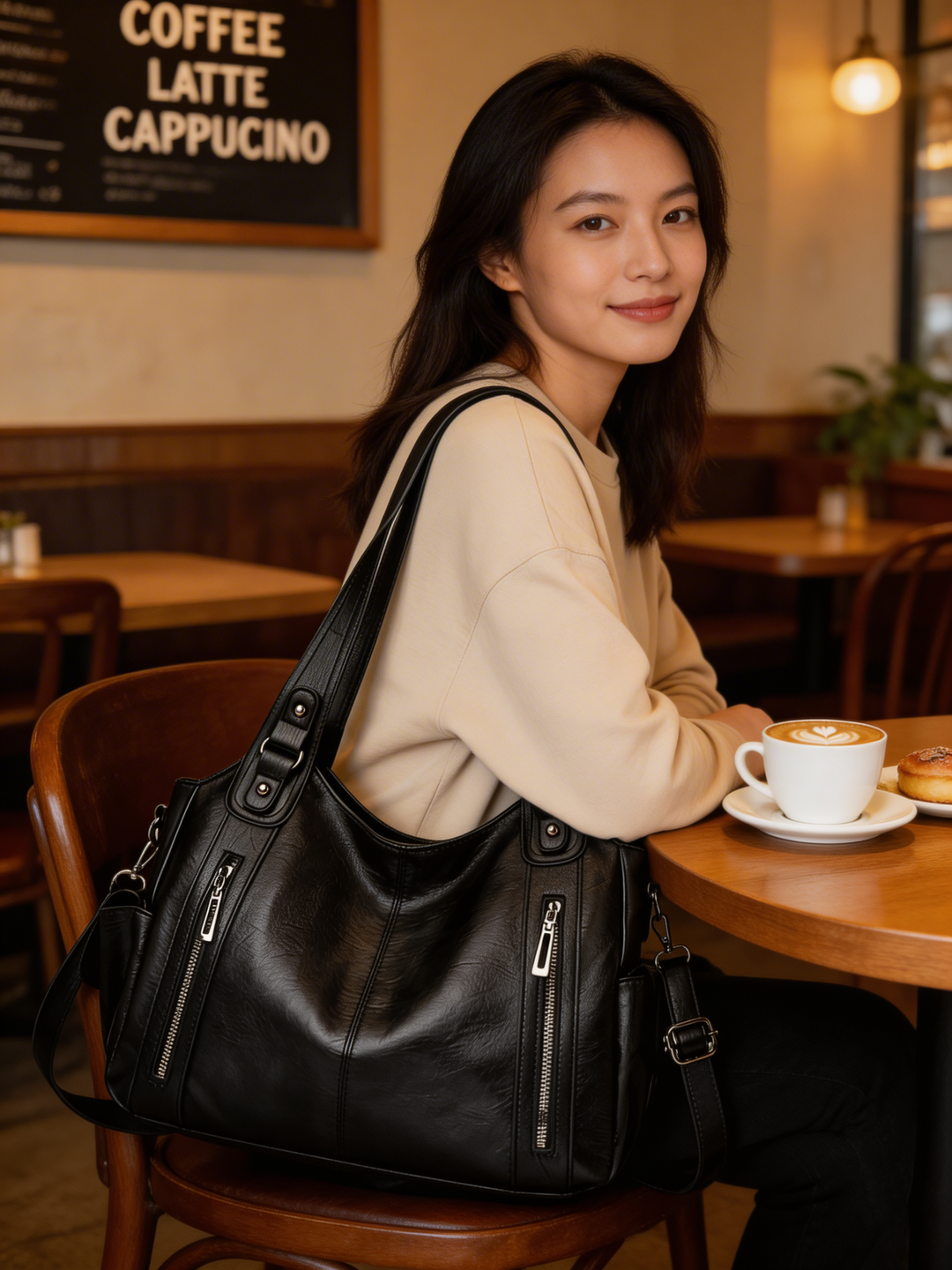 Black multi-compartment women's shoulder bag, ideal for work, daily carry, or travel organization.