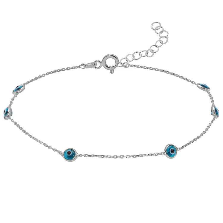 Women's multi evil eye anklet, a delicate protection jewelry accessory. Perfect for boho beach style.