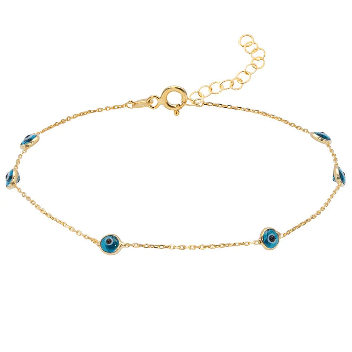 Symbolic women's multi evil eye anklet. Vibrant blue & white beads, ideal for beach & summer outfits.
