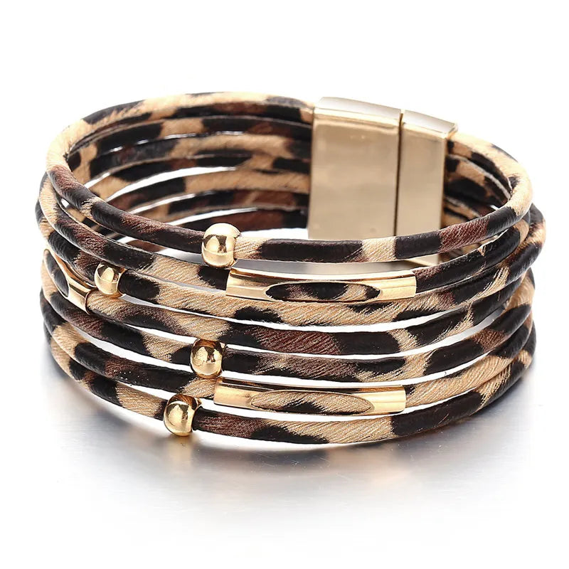 Women's multi-layer leopard print leather fashion bracelet with a magnetic clasp, perfect for trendy wrist accessory.