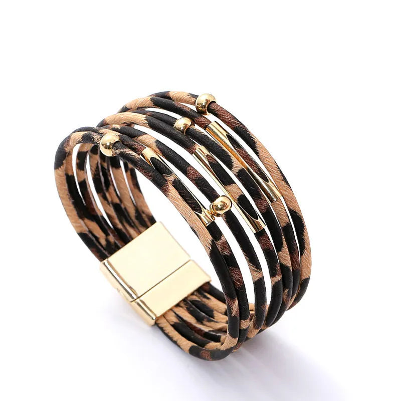 Stylish multi-layer leopard print bracelet for women, a fashion statement piece with an adjustable magnetic clasp.