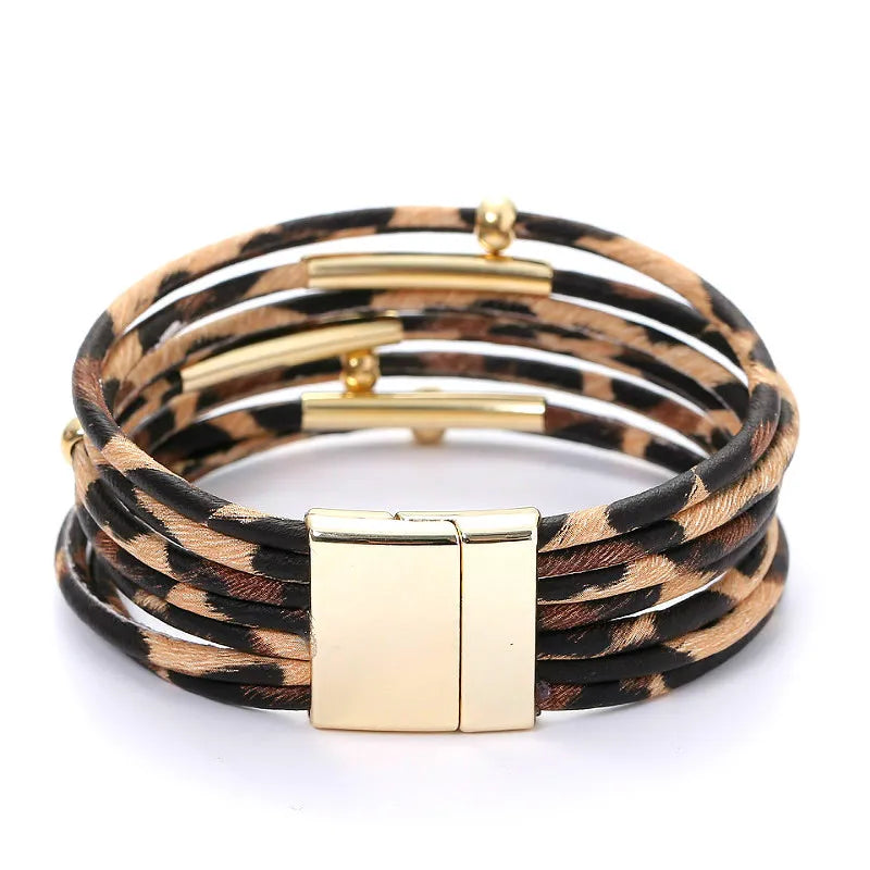 Trendy women's multi-layer leopard print leather bracelet. Chic animal print wrist accessory with secure magnetic clasp.