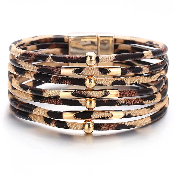 Fashion-forward women's multi-layer leopard print bracelet. An eye-catching animal print statement piece.