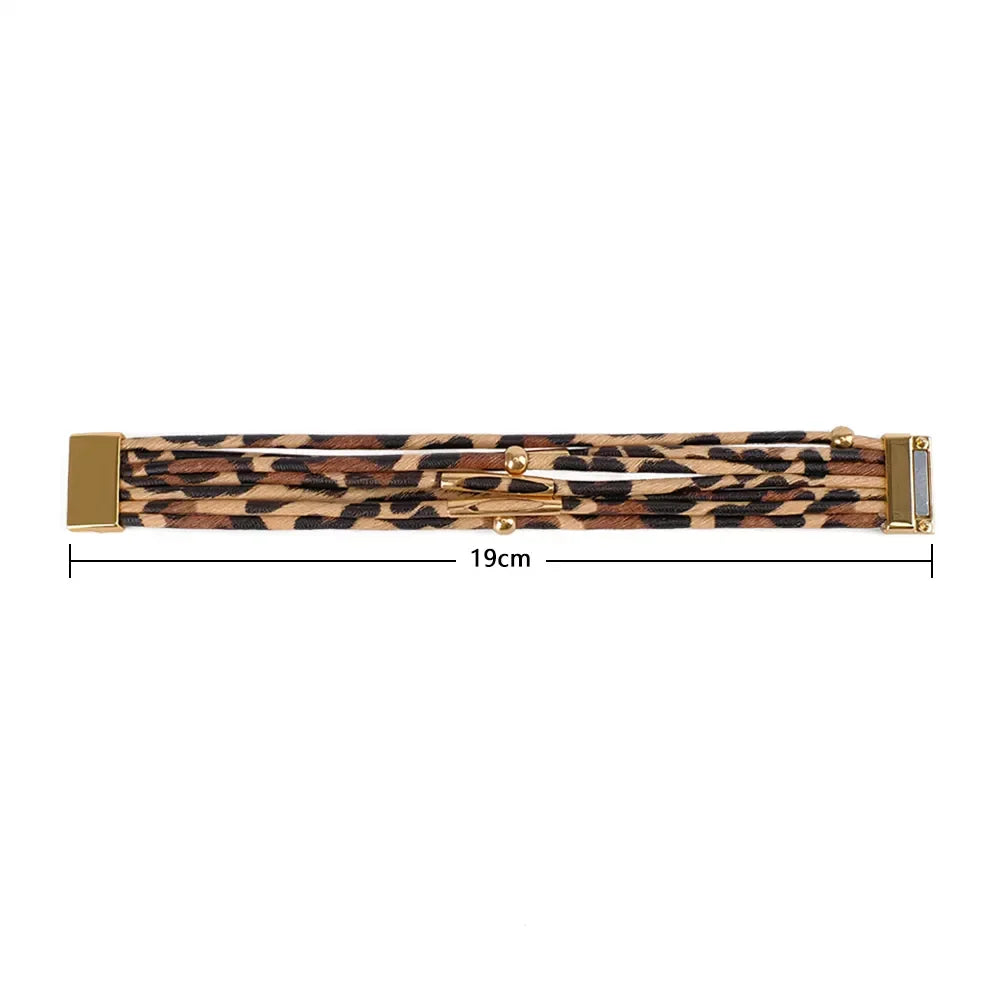 Detailed close-up of a women's multi-layer leopard print leather bracelet, showcasing its unique animal print.