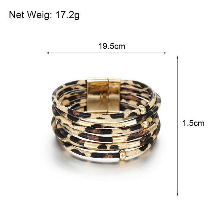 Trendy women's multi-layer leopard print leather bracelet. A statement animal print fashion jewelry wrist accessory.